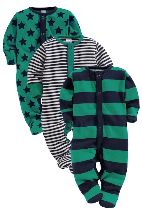 Round up of the best unisex baby clothes by Wolves in London Green and blue baby sleepsuits from Next