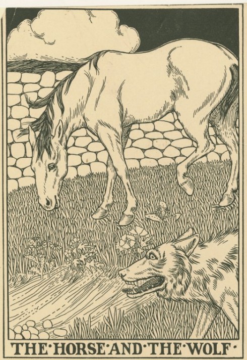 Wolf and horse, children's book illustration